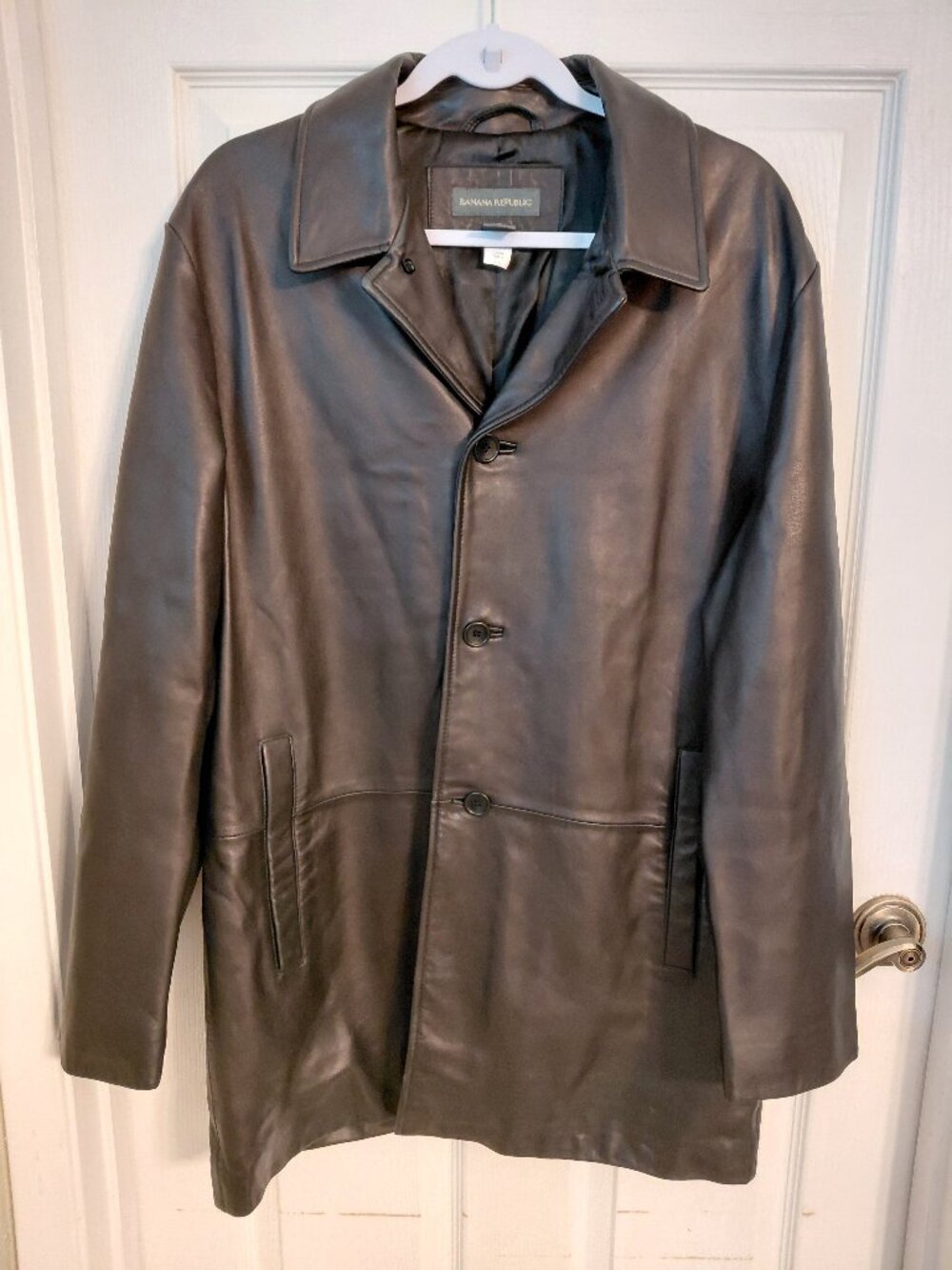 Vintage Banana Republic Black Leather Jacket Coat Button Front Medium Pockets